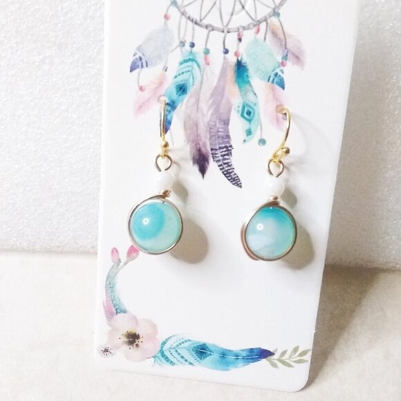 Sun Kissed! Aqua + Gold Agate Drop Earrings! Sexy Summer + Vacation Ready - Picture 1 of 6